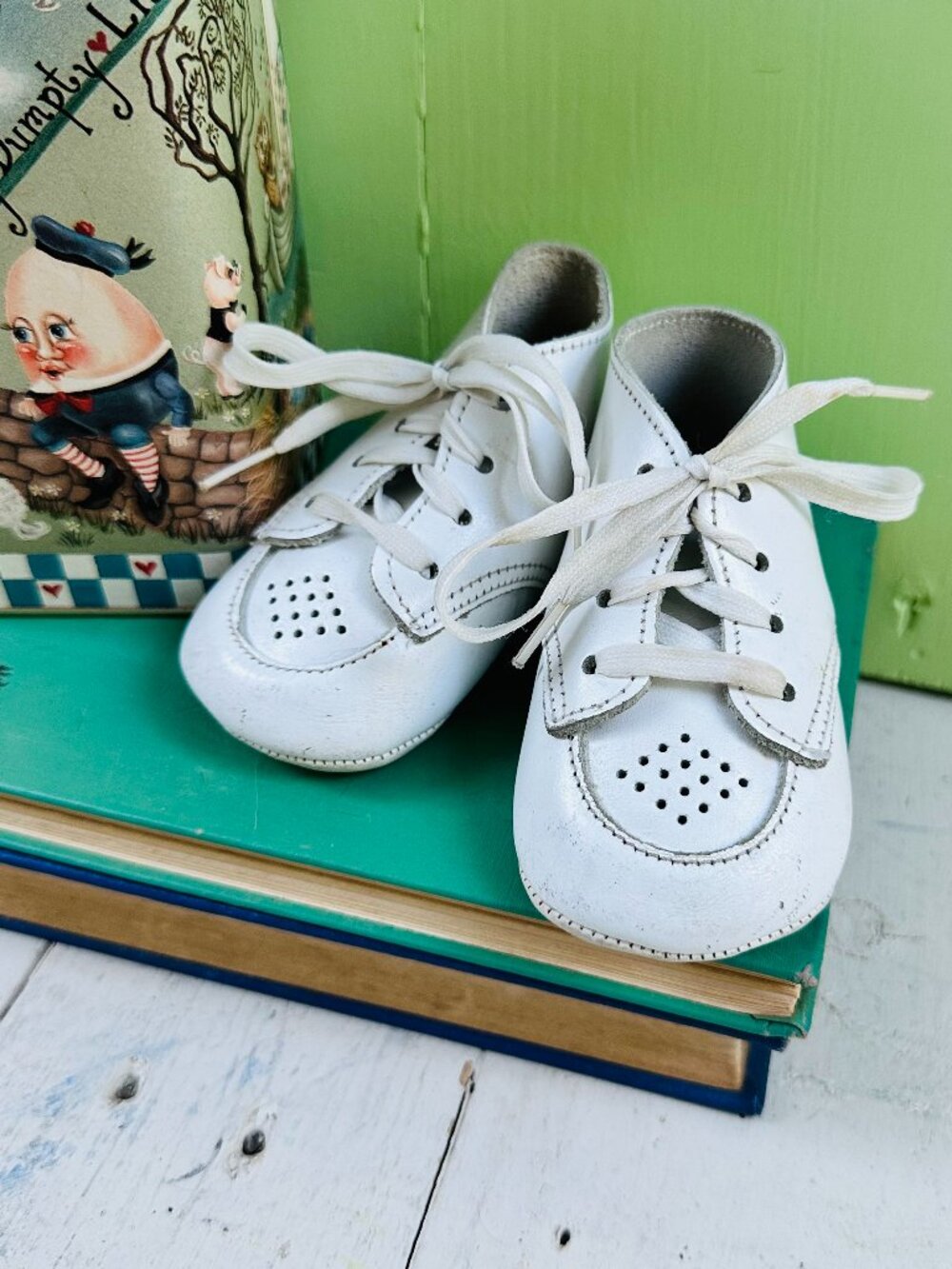 Vintage White Leather Baby Shoes Lace Up Crib Booties Nursery Decor